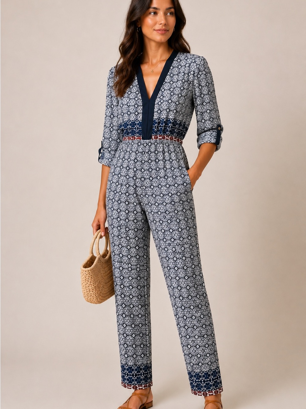 Nordstrom Fraiche by J Boho Printed Jumpsuit Small Blue White V-Neck Romper